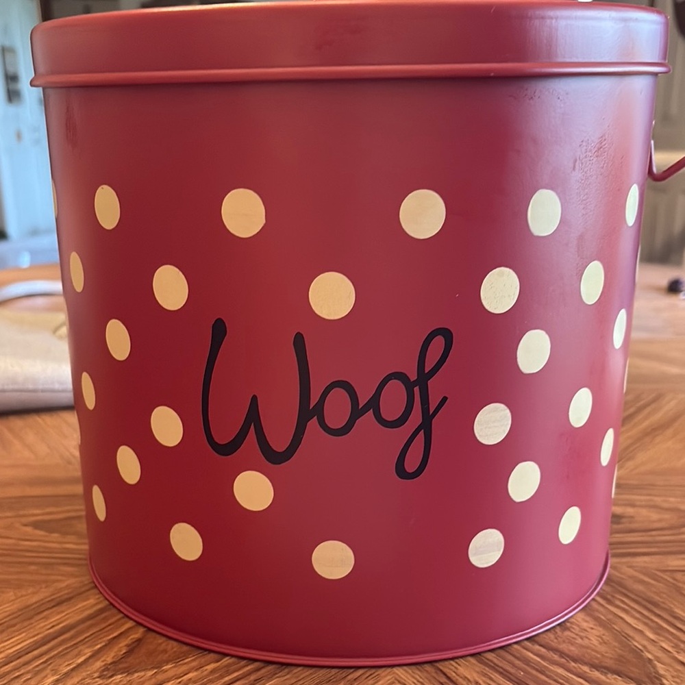 ‼️Reduced ‼️Red Polka Dot 'Woof' Storage Tin